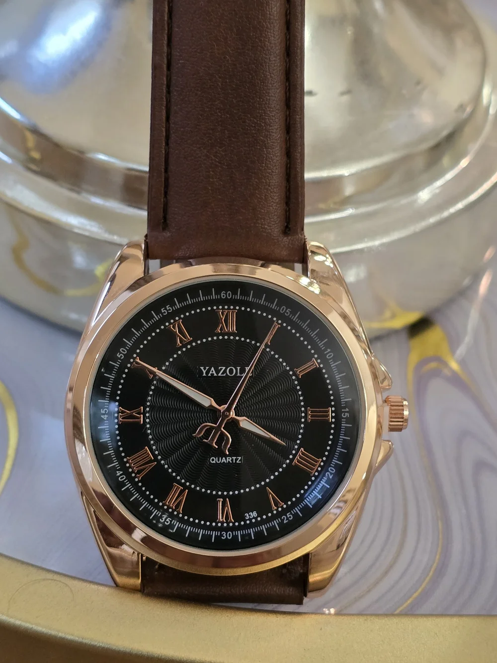 Men's Black Dial Brown Leather Strap Watch - Rose Gold Case